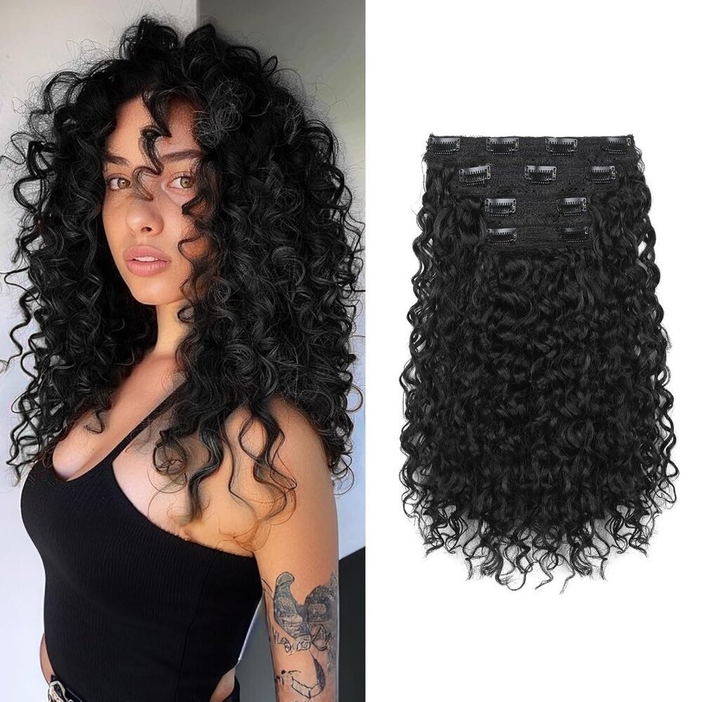 4PC Clip in Hair Extensions 14 Inch Curly Wavy Human Hair Natural